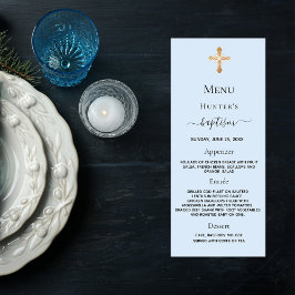 Tarjeta de menú de pastas azules del bautismo masc