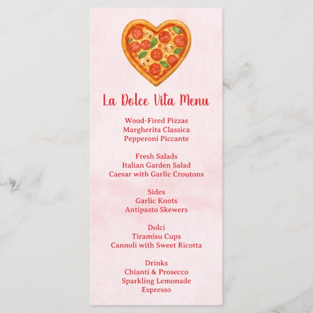 Tarjeta de menú de pizza con forma de corazón | Cu (Anverso)