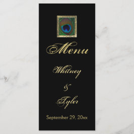 Tarjeta de menú de plumas de pavo real negro y dor