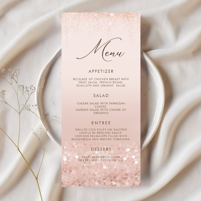 Tarjeta de menú de Quinceañera con brillo de oro r (Rose Gold Glitter Quinceañera Menu Card)