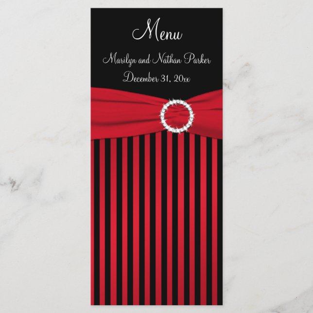 Tarjeta de menú de rayas rojas y negras con cinta  (Anverso)