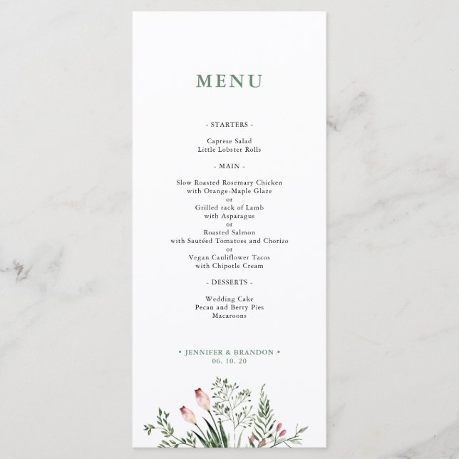 Tarjeta de menú de recepción de boda con acuarela  (Anverso)