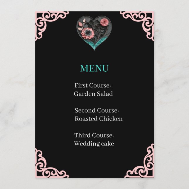 Tarjeta de menú de recepción de boda – Corazón rec (Anverso)