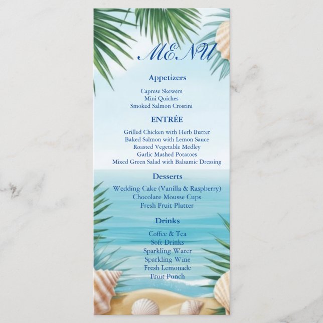 Tarjeta de menú de recepción de boda en playa trop (Anverso)