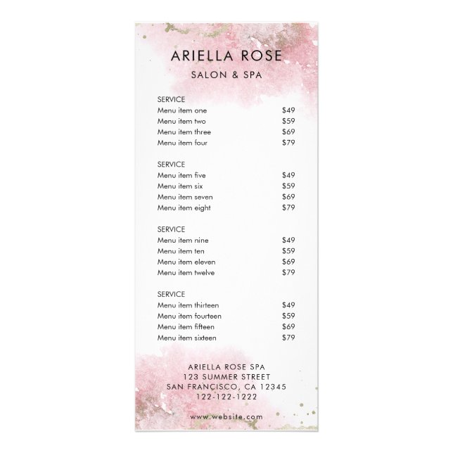 Tarjeta de menú de servicios de salón de oro rosa (Frente)