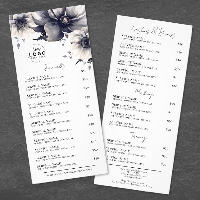 Tarjeta de menú de servicios de spa elegante en bl (Black White Elegant Spa Services Menu Rack Card)