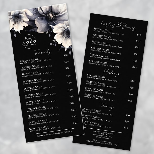 Tarjeta de menú de servicios de spa en negro y bla (Elegant Black White Spa Services Menu Rack Card )