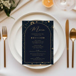 Tarjeta de menú de Sun y Moon Navy Gold para celes<br><div class="desc">Diseñada para coordinarse con nuestra colección mística celestial, esta tarjeta de menú boda de personalizable única cuenta con magníficos elementos celestes dorados en un fondo marino oscuro. Para una personalización más avanzada de este diseño, por ejemplo, cambiar el diseño, el tamaño de letra o el tamaño del texto, haga clic...</div>