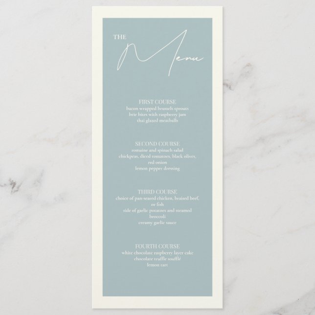 Tarjeta de menú de tabla Dusty Blue 4x9.25 (Anverso)