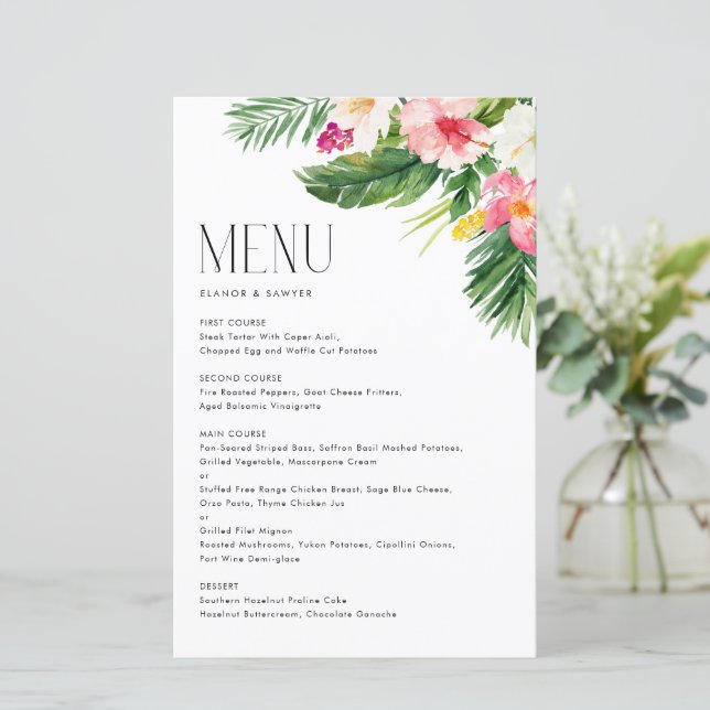 Tarjeta de menú de verano de flores tropicales y v (Anverso de pie)