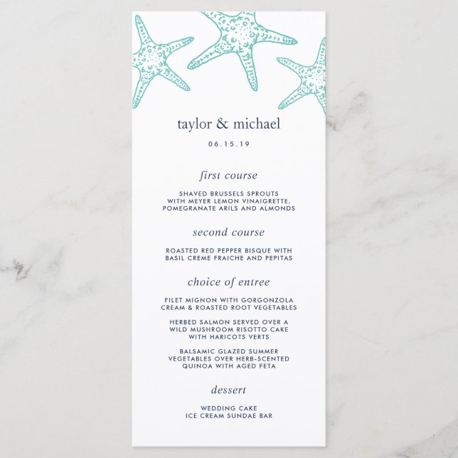 Tarjeta de menú del Boda Aqua & Navy Starfish (Anverso)