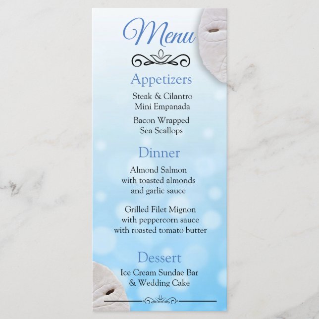 Tarjeta de menú del Boda azul Aqua de la arena oce (Anverso)