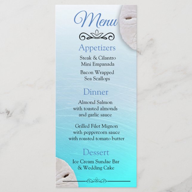 Tarjeta de menú del Boda azul Aqua de la arena oce (Anverso)