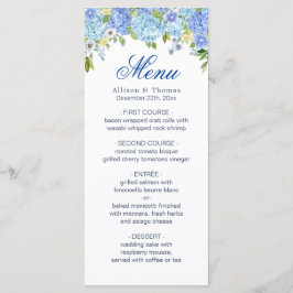 Tarjeta de menú del Boda Blue Hydrangea Floral Gre