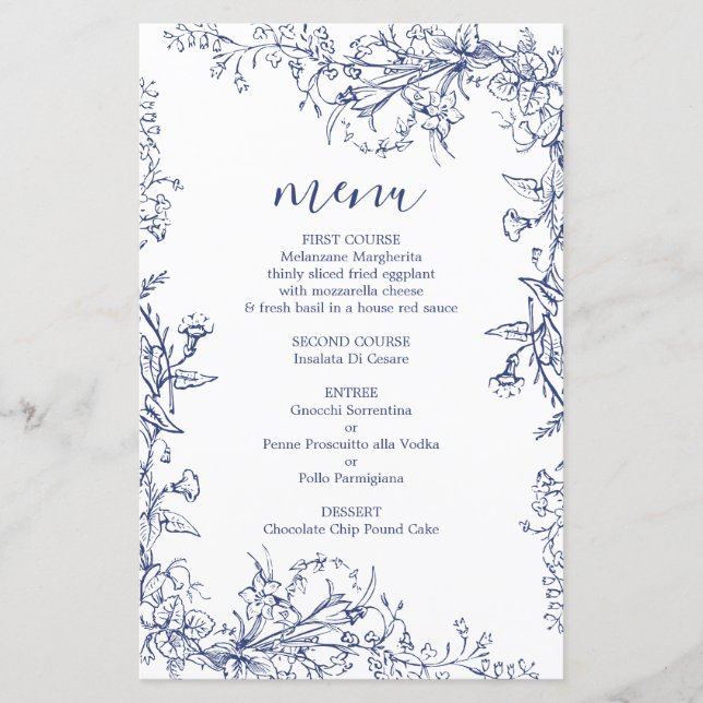 Tarjeta de menú del boda Blue Toile (Anverso)