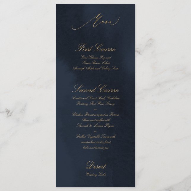 Tarjeta de menú del Boda de caligrafía azul de med (Anverso)
