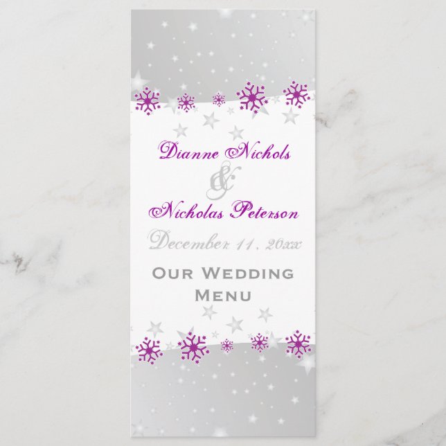 Tarjeta de menú del boda de copos de nieve gris de (Anverso)