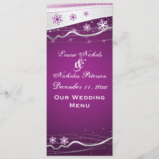 Tarjeta de menú del boda de copos de nieve gris de (Anverso)