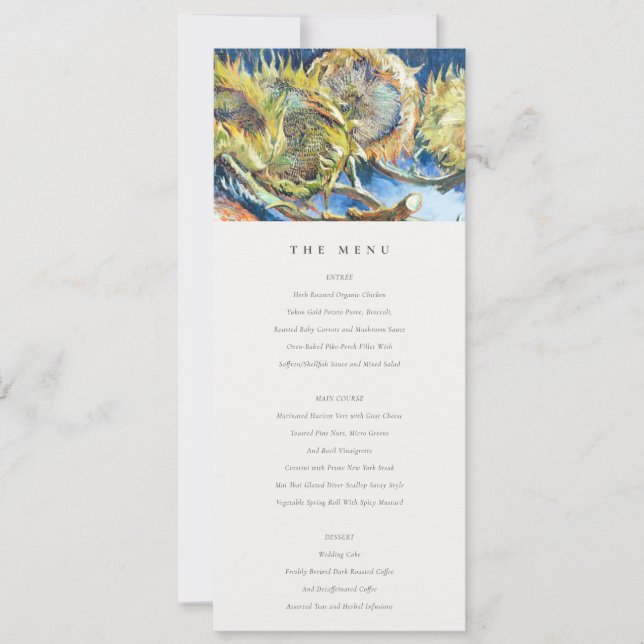 Tarjeta de menú del Boda de girasol amarillo azul  (Anverso)