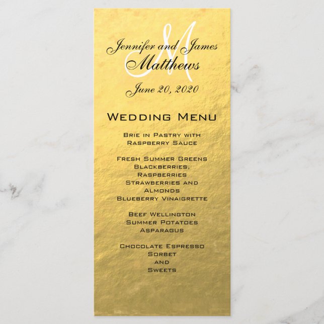 Tarjeta de menú del Boda de monograma dorado (Anverso)