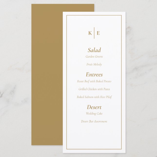 Tarjeta de menú del Boda de monograma dorado (Anverso / Reverso)