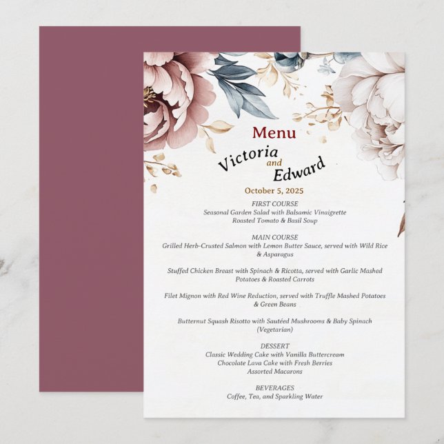 Tarjeta de menú del Boda de Peony Luxe para victor (Anverso / Reverso)