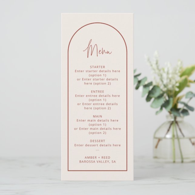 Tarjeta de menú del Boda del Arco de Crema y Terra (Anverso de pie)