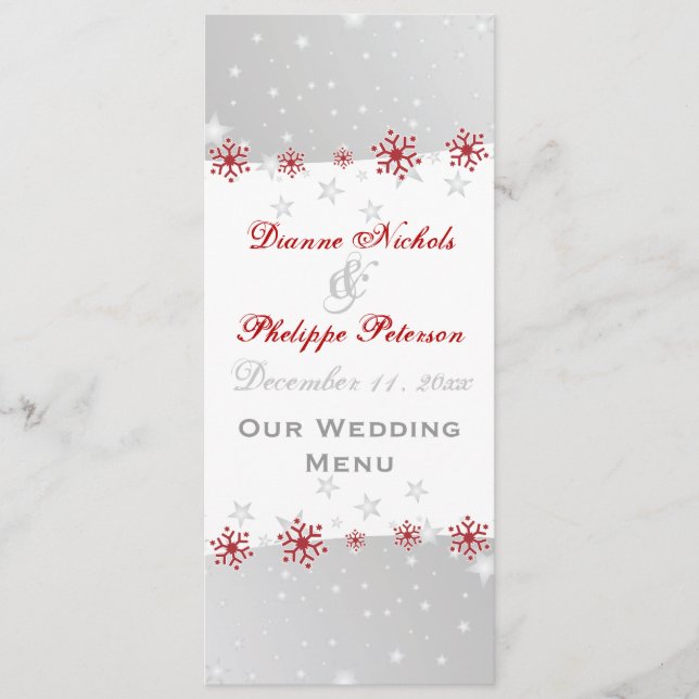 Tarjeta de menú del boda del copo de nieve gris pl (Anverso)