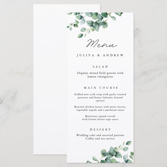 Tarjeta de menú del Boda del guión del eucalipto d (Anverso / Reverso)