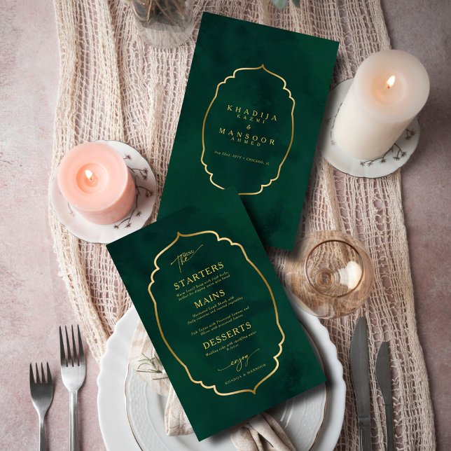 Tarjeta de menú del Boda del marco verde de oro de (Subido por el creador)