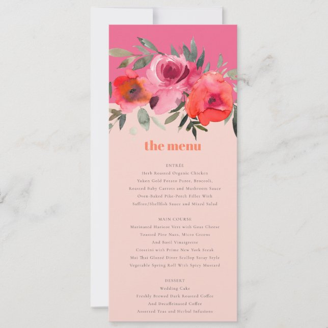 Tarjeta de menú del Boda floral rosa caliente Boho (Anverso)