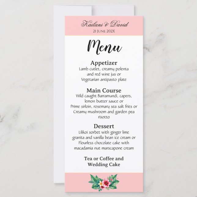 Tarjeta de menú del boda floral tropical (Anverso)