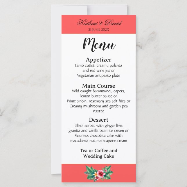 Tarjeta de menú del boda floral tropical (Anverso)