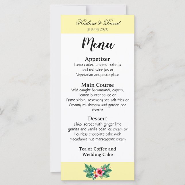 Tarjeta de menú del boda floral tropical (Anverso)