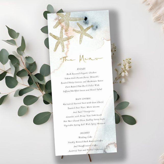 Tarjeta de menú del Boda Starfish Dusky Blue Beach (Subido por el creador)