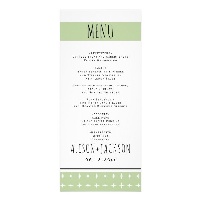 Tarjeta de menú del boda verde de la tipografía di (Frente)