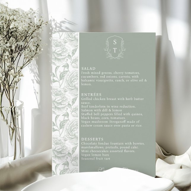 Tarjeta de menú del Boda verde del escudo Monogram (Subido por el creador)