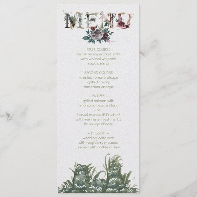 Tarjeta de menú del Boda Woodland Watercolor Folia (Anverso)
