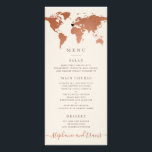 Tarjeta de menú del corazón extraíble del mapa del<br><div class="desc">Única tarjeta de menú de temas de viaje de cobre, marrón y jengibre con un corazón móvil y extraíble para que puedas fijar tu ubicación o tema de boda de destino, o borrarlo por completo para un diseño de temas de viaje global o general. El color de fondo de la...</div>