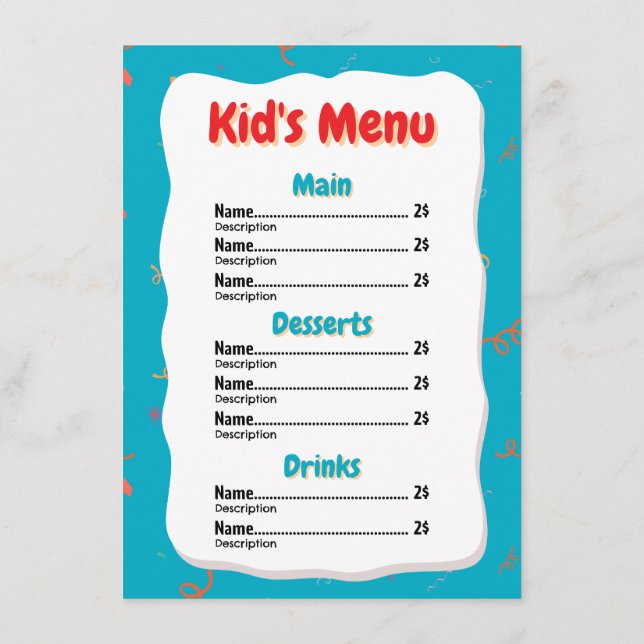 Tarjeta de menú del niño restaurante (Reverso)