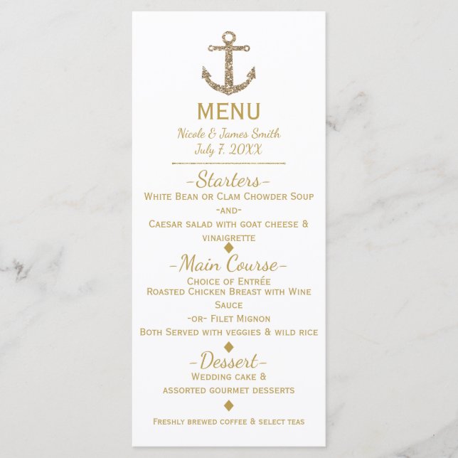 Tarjeta de menú del Purpurina de oro Nautical Anch (Anverso)