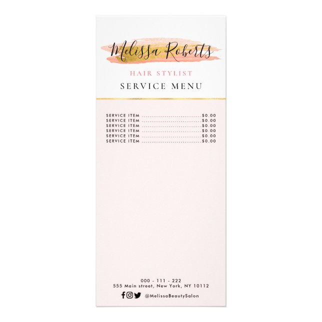 Tarjeta de menú del servicio de oro y rosa a la mo (Frente)