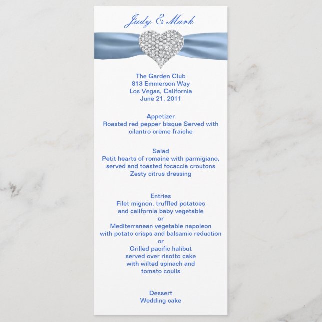 Tarjeta de menú Diamond Heart Blue Boda (Anverso)
