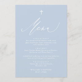 Tarjeta de menú Dusty Blue Cross White Boy Baptism