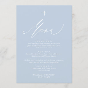 Tarjeta de menú Dusty Blue Cross White Boy Baptism