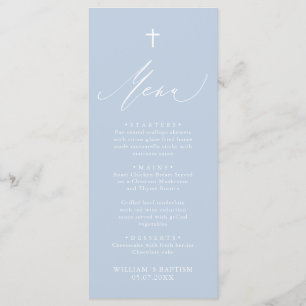 Tarjeta de menú Dusty Blue Cross White Boy Baptism