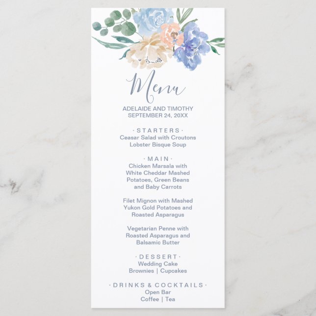 Tarjeta de menú Dusty Blue Florals Dinner (Anverso)