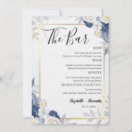 Tarjeta de menú Dusty Blue Gold Floral Boda Bar