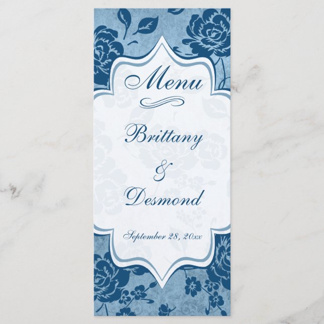 Tarjeta de menú Dusty Blue, White Floral Damask We (Anverso)