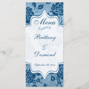 Tarjeta de menú Dusty Blue, White Floral Damask We